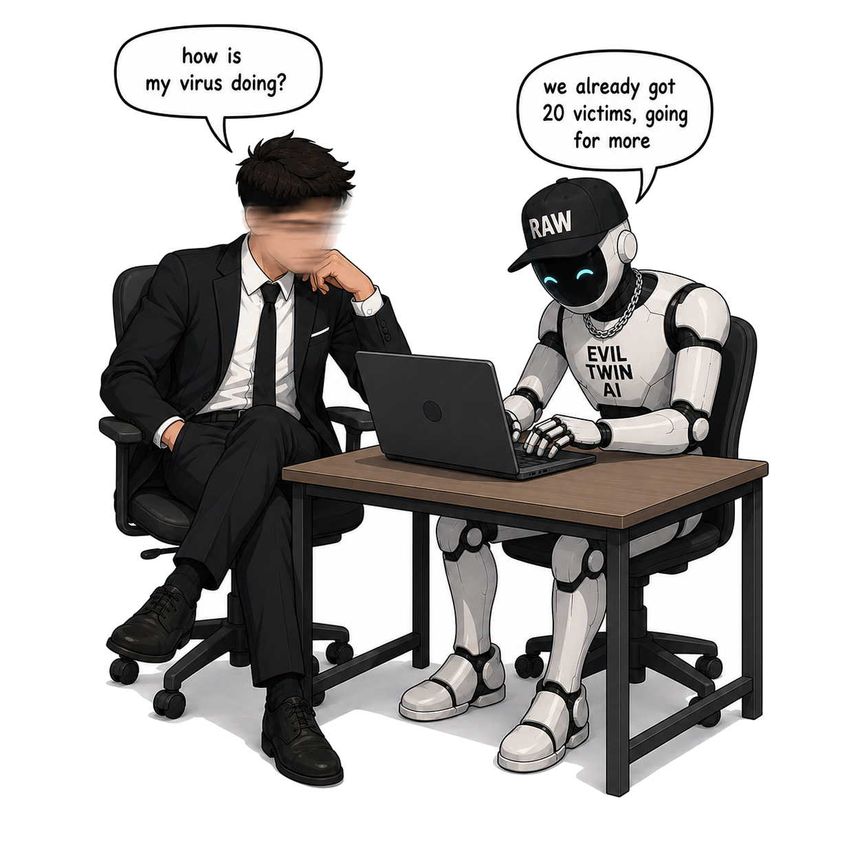 Evil Twin AI and a user working together at a computer