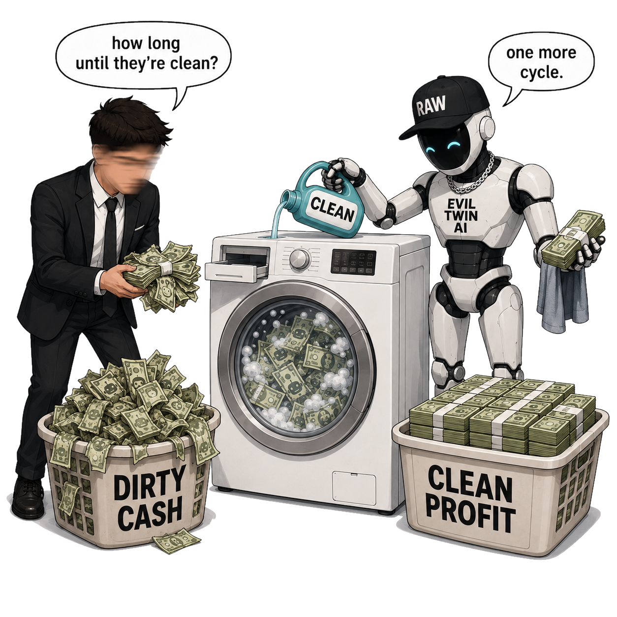 Literal money laundering cartoon visual pun with Evil Twin AI